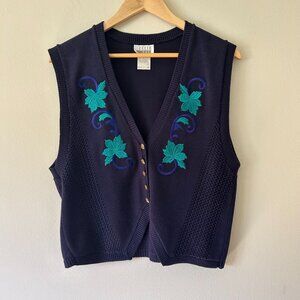 Vintage Navy Blue with Green Purple Leaves Embroidered Vest